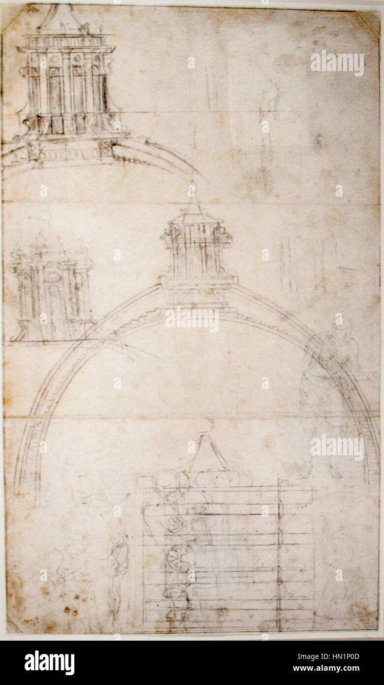 Le dessin en coupe de Michel-Ange du dôme de Saint-Pierre illustre les détails techniques et architecturaux de la structure emblématique. Ce dessin révèle son approche novatrice de l’architecture Renaissance, mettant en valeur sa maîtrise du design et de la compréhension spatiale. Banque D'Images