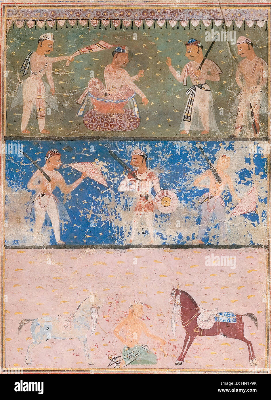 Le tableau représente Mahava Sahadeva, une figure clé de la mythologie indienne ancienne, consultant ses généraux après une attaque. La scène reflète la planification stratégique et les qualités de leadership dans les récits épiques hindous. Banque D'Images