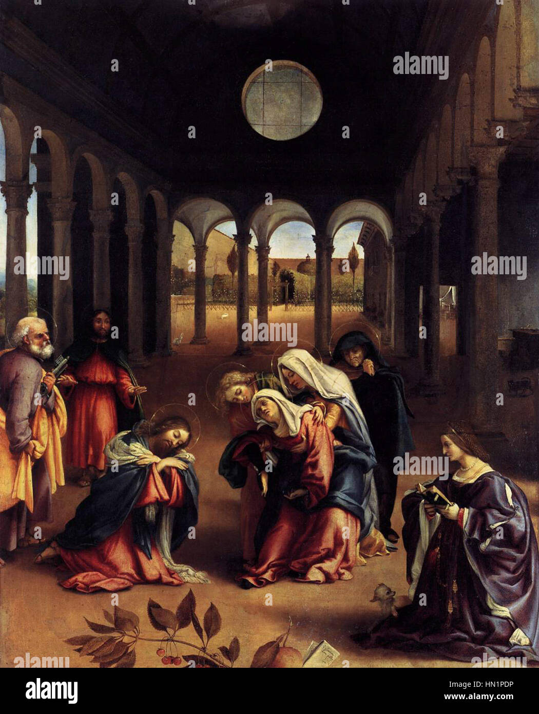 La peinture de Lorenzo Lotto, « Christ prenant congé de sa mère », représente un moment poignant où le Christ a fait ses adieux à la Vierge Marie avant sa passion. Le travail est connu pour sa profondeur émotionnelle et son rendu détaillé. Banque D'Images