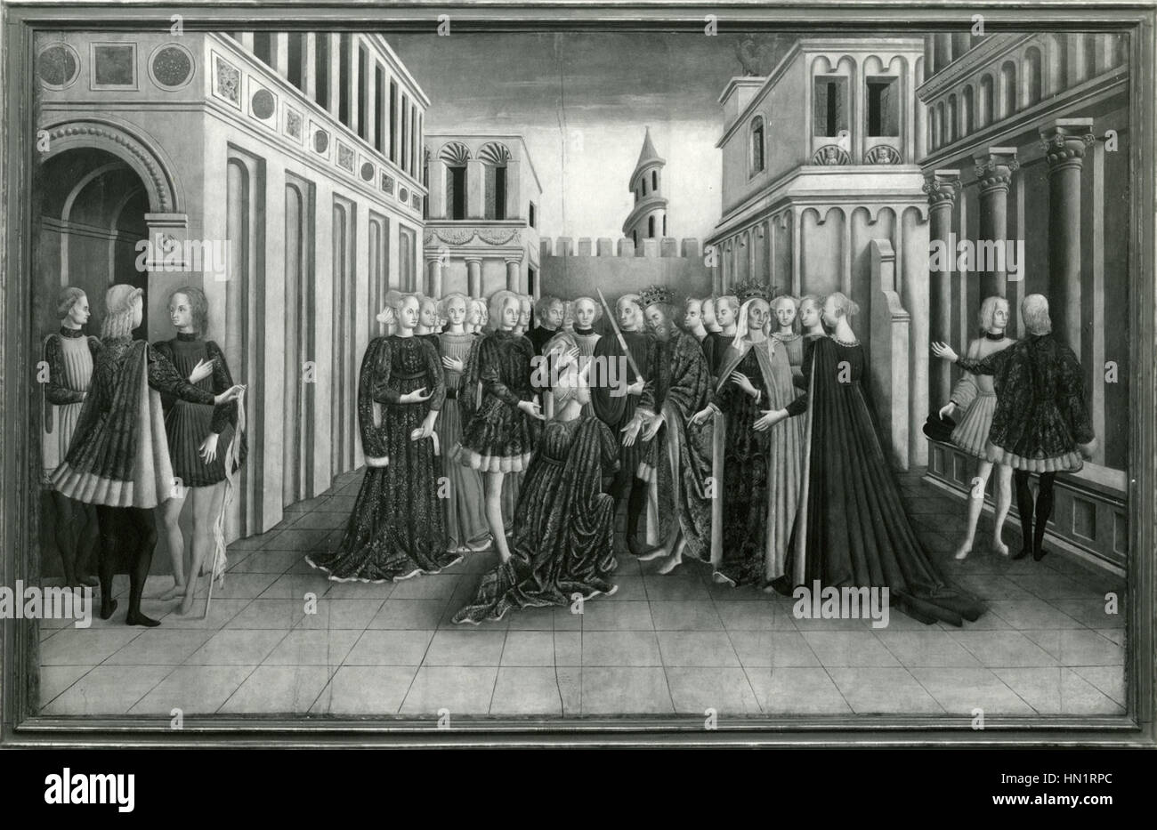 Le tableau « la réception d'Hélène à Troie » par le Maître des histoires d'Hélène illustre une scène de l'« Iliade » d'Homère, où Hélène est reçue par Priam et Hécuba. L'œuvre met l'accent sur les émotions dramatiques de la famille royale de Troie. Banque D'Images