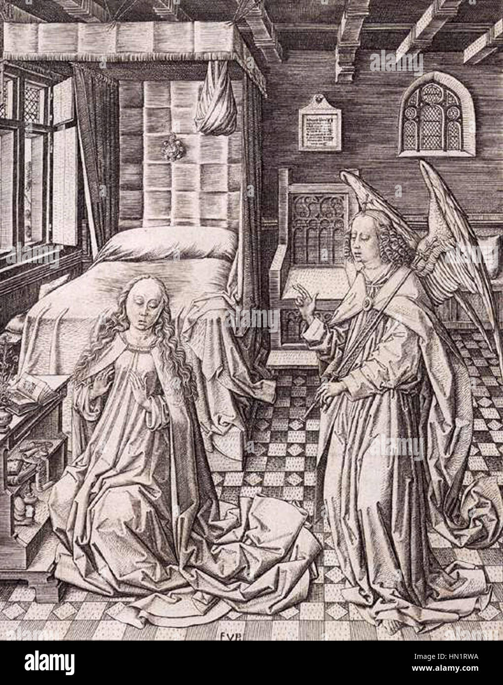 'L'Annonciation' de Maître FVB est une peinture religieuse représentant le moment de l'annonce de l'ange Gabriel à la Vierge Marie. L’œuvre se caractérise par son atmosphère sereine et spirituelle. Banque D'Images