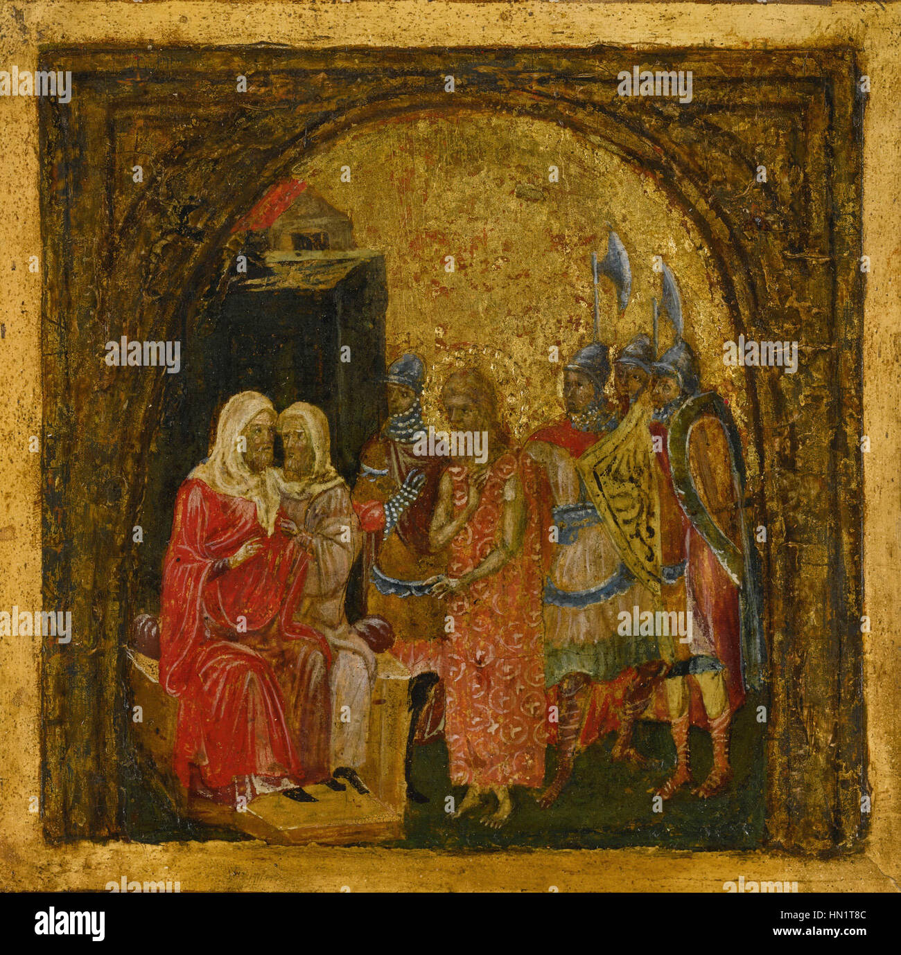 Cette peinture du Maître de Saint-Nicolas-des-champs représente le Christ devant les juges, scène clé de la passion du Christ. L’œuvre dépeint le moment du jugement avec une intensité émotionnelle vive, mettant en évidence la souffrance et la grâce divine du Christ, en ligne avec les religieux gothiques tardifs Banque D'Images