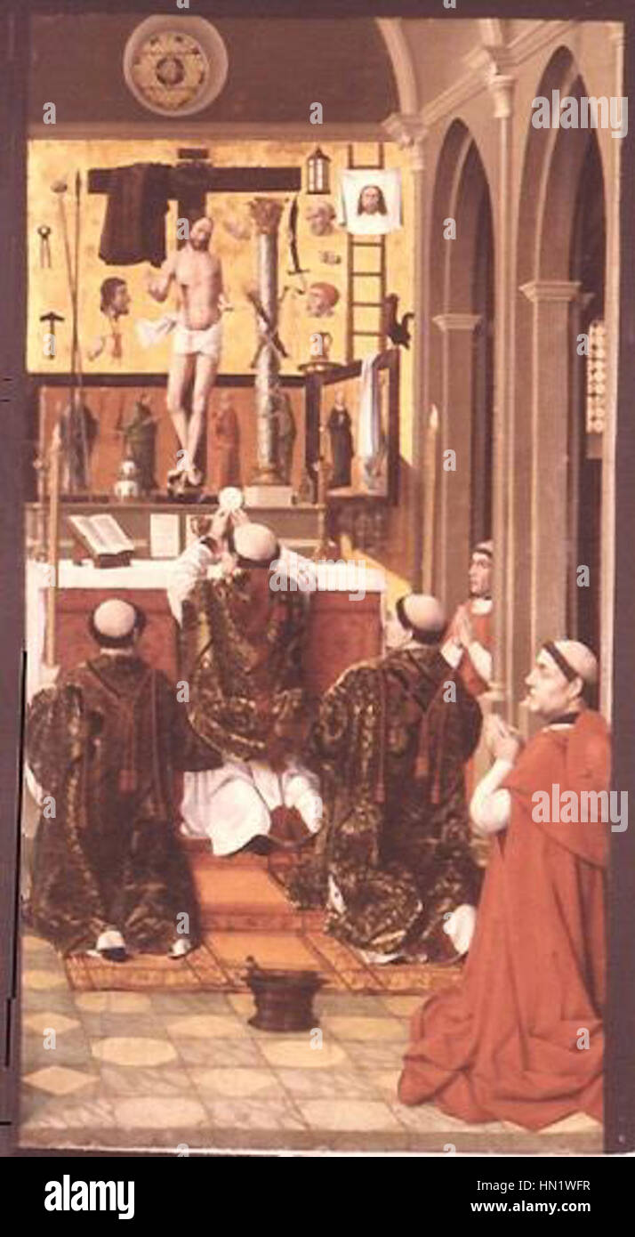 Cette œuvre, 'Misa de San Gregorio', représente une cérémonie religieuse centrée sur le Grégoire, illustrant la musique sacrée et les rituels de l'Église catholique. La scène capture la solennité de la messe et la révérence associée aux traditions liturgiques. Banque D'Images