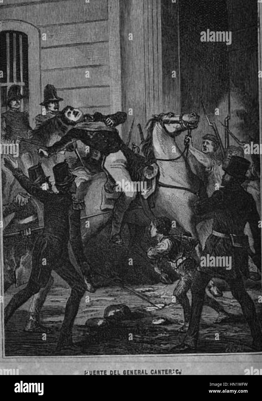 Le tableau 'Muerte Canterac' dépeint le moment dramatique de la mort du général Canterac au cours d'une bataille. Cette scène historique capture l'intensité du conflit militaire et le coût personnel de la guerre, offrant une représentation vivante de la lutte militaire et du poids émotionnel de l'événement. Banque D'Images