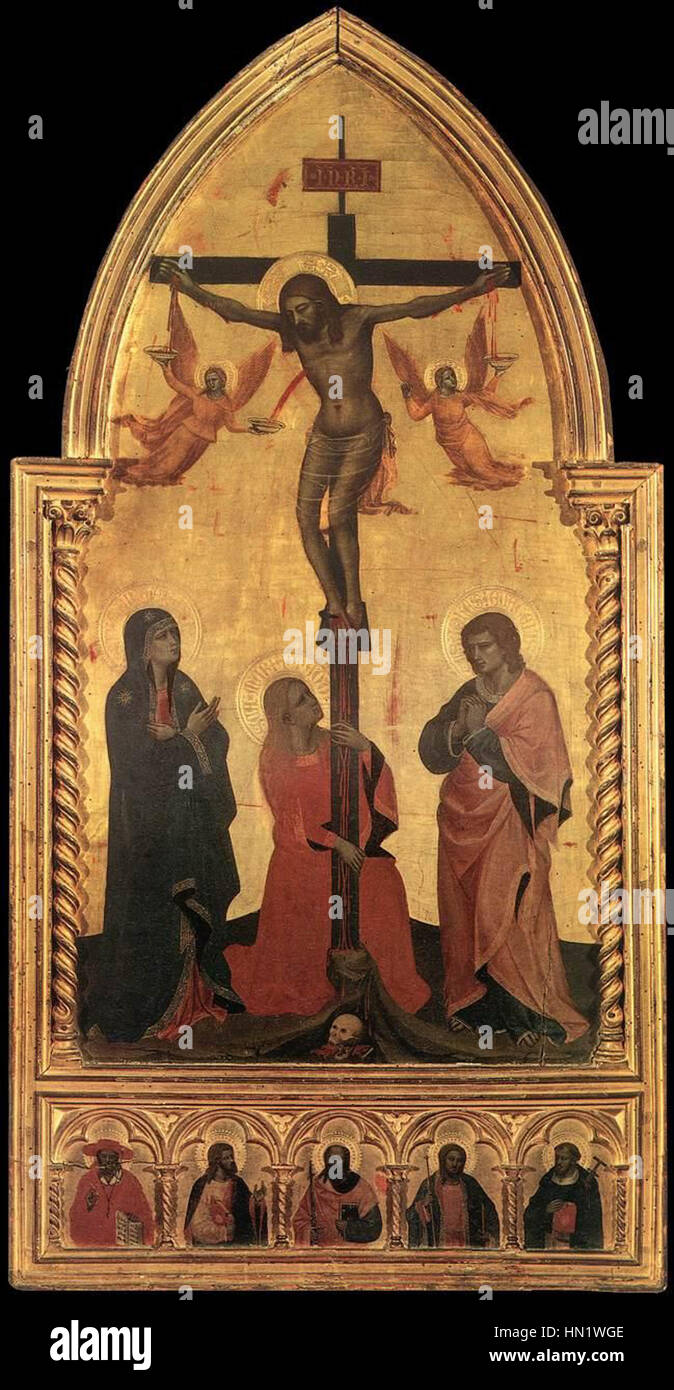 *Crucifixion* de Nardo di Cione est un retable italien du XIVe siècle représentant le moment central de la crucifixion du Christ. L'œuvre se concentre sur l'intensité religieuse et l'utilisation dramatique de l'espace et des couleurs typiques de la peinture gothique italienne. Banque D'Images