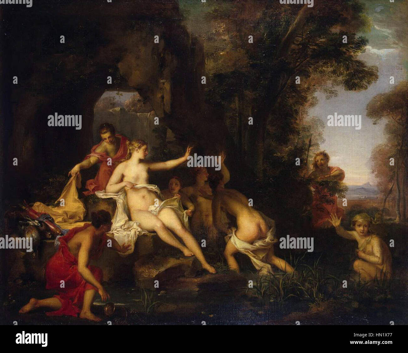La peinture de Louis Galloche, Diana et Actaeon, illustre le mythe de la transformation d’Actaeon en cerf par la déesse Diana. L’œuvre met en valeur l’habileté de Galloche à rendre la mythologie classique avec des détails fins et des couleurs vives. Banque D'Images