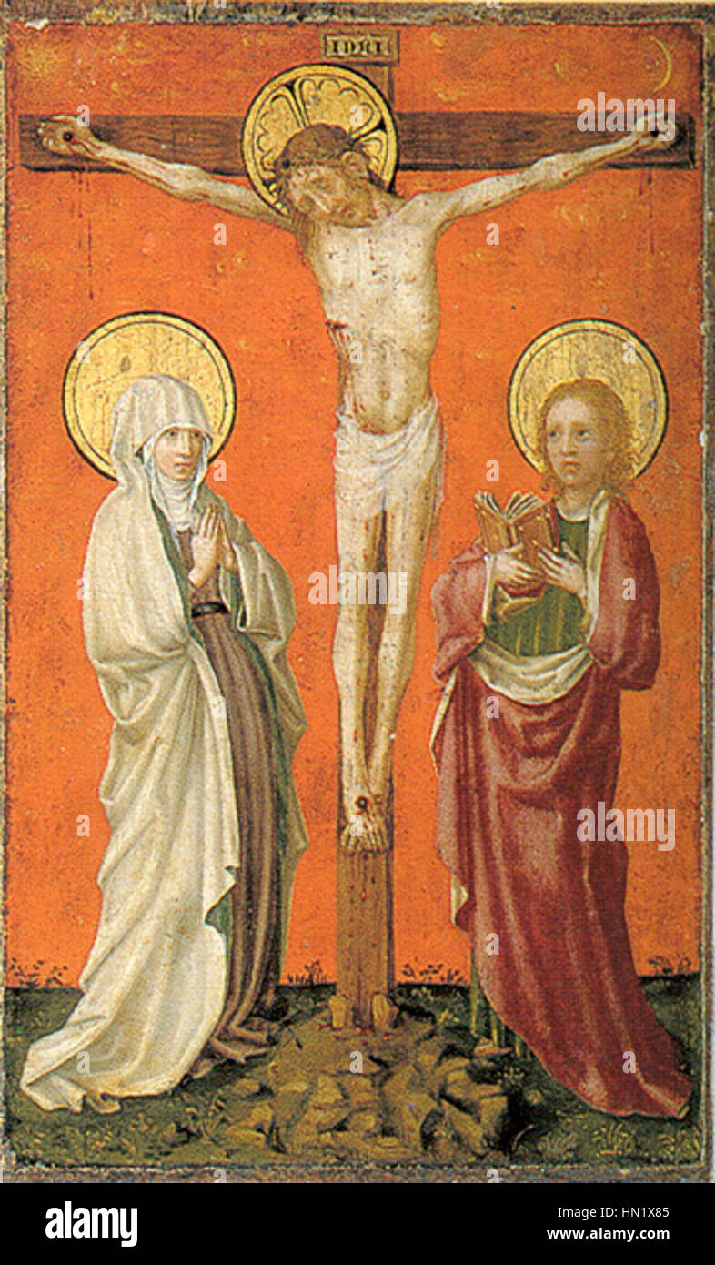La Crucifixion de Lochner décrit le moment charnière de la crucifixion du Christ, un sujet commun dans les religieux chrétiens La scène capture l'agonie et le sacrifice du Christ, reflétant l'intensité de cet événement biblique clé. Le travail de Lochner met l'accent sur la profondeur émotionnelle et la signification spirituelle. Banque D'Images
