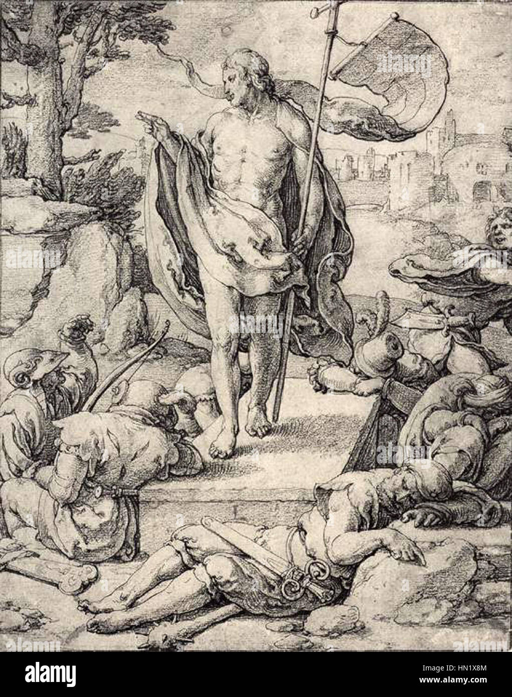 Le travail de Lucas van Leyden, datant de 1518, met en valeur sa maîtrise du style Renaissance hollandais. Connue pour ses techniques de gravure complexes et ses compositions détaillées, la pièce illustre la contribution de van Leyden au développement des premiers pays-Bas intégrés Banque D'Images