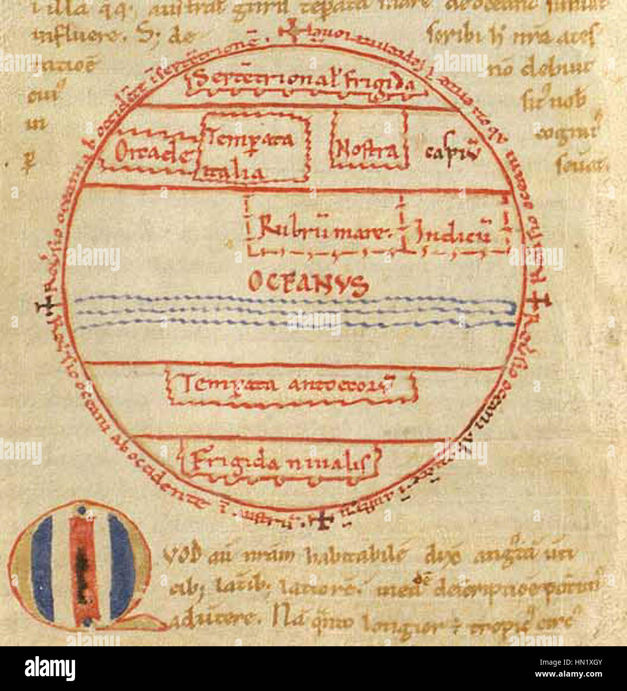 La 'Mappa Mundi' de Macrobius est une représentation ancienne du monde connu, basée sur les concepts classiques et médiévaux de la géographie. La carte reflète la compréhension du monde au cours des premiers siècles de l'ère commune, montrant une vue symbolique des terres connues. Banque D'Images