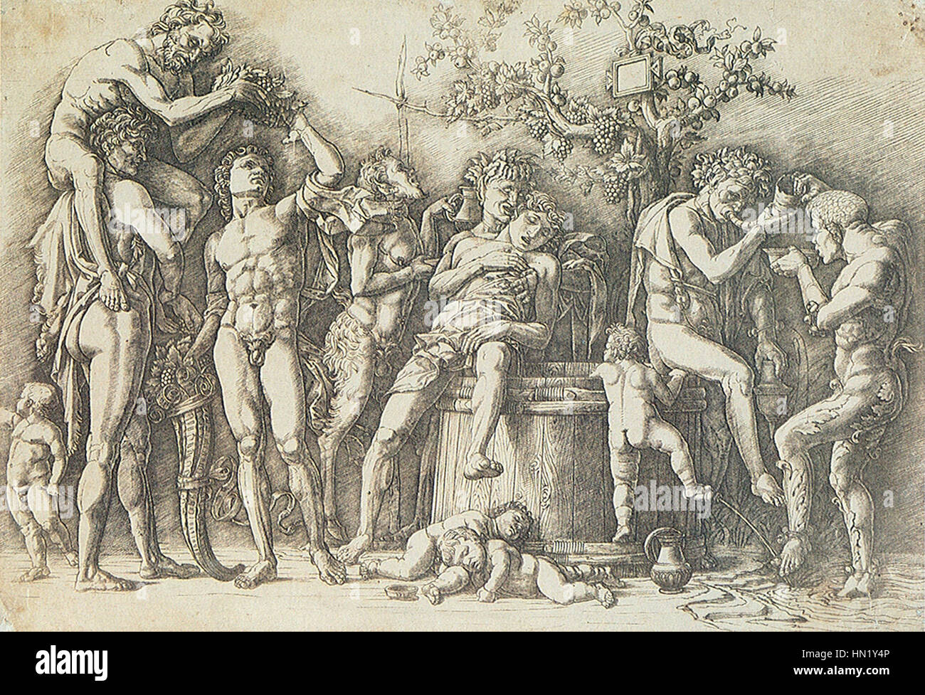 'Baccanale con un tino' (Bacchanal avec une cuve) d'Andrea Mantegna représente une scène de célébration avec des personnages de la mythologie romaine. La composition reflète l'habileté de Mantegna à capturer le mouvement dynamique et la narration vibrante à travers les techniques de peinture de la Renaissance. Banque D'Images