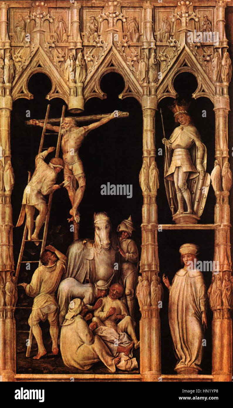 Le détail de la Crucifixion du Maître de la passion de Tegernsee représente un moment sombre de la passion du Christ. La représentation attentive de la scène biblique par l’artiste reflète les traditions de l’art gothique tardif, en mettant l’accent sur l’intensité émotionnelle et le symbolisme religieux. Banque D'Images