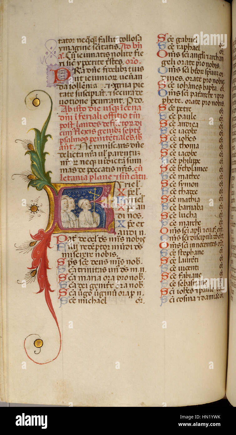 Feuille d'un bréviaire attribué au Maître de la Vitae Imperatorum, avec des illustrations religieuses complexes. Cette pièce présente des techniques manuscrites enluminées de la Renaissance, avec des scènes bibliques détaillées et des motifs de bordure ornés. Banque D'Images