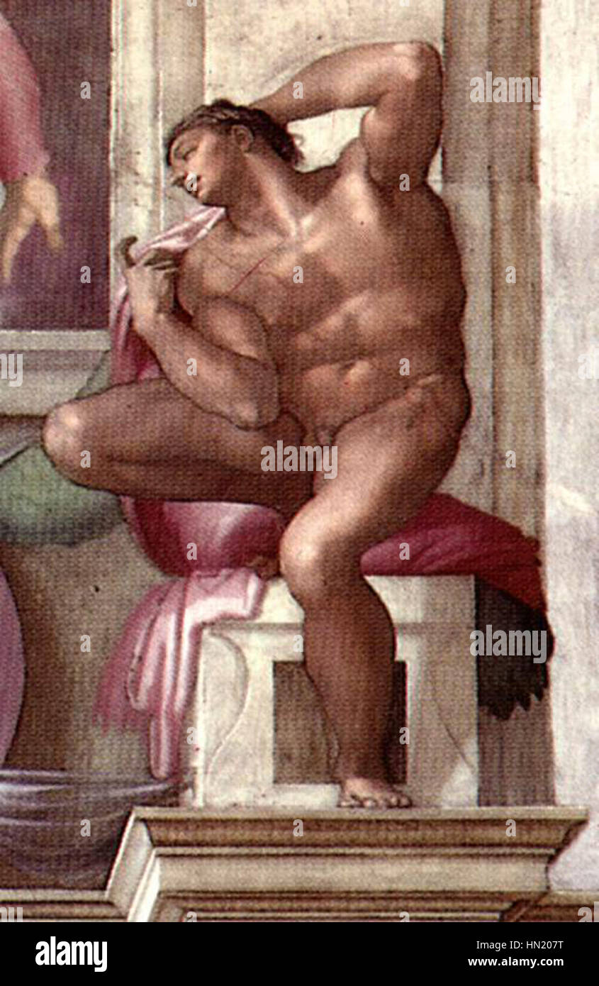 Chapelle Sixtine Michel-ange - Ignudo Sibyl libyen ci-dessus - restauré Banque D'Images