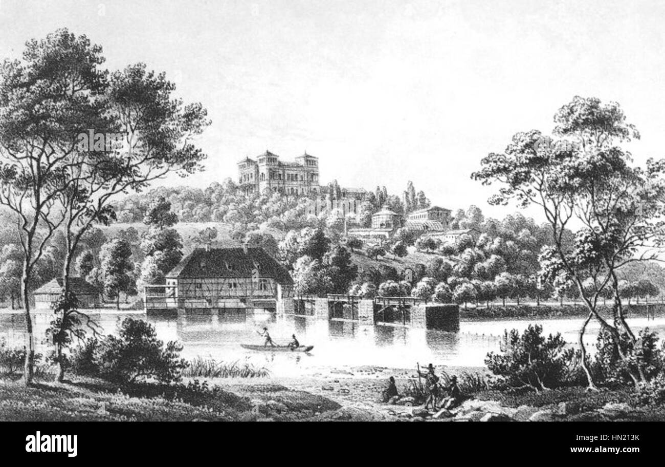 Cette lithographie intitulée 'Neckarwehr S. Berg Emminger' est une gravure détaillée mettant en valeur les prouesses techniques et architecturales du barrage de Neckarwehr. L'œuvre met en évidence la conception structurelle et les aspects techniques du barrage, reflétant le progrès industriel du XIXe siècle en Allemagne. Banque D'Images