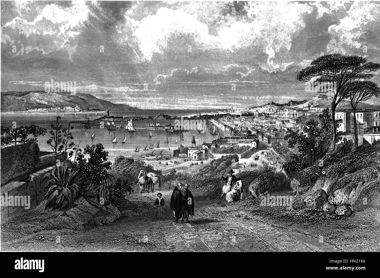La vue panoramique de Messine d'environ 1850 offre une représentation grand angle de la ville portuaire italienne, capturant son paysage et ses détails architecturaux. L’image panoramique offre une perspective historique sur l’apparence de la ville au milieu du XIXe siècle. Banque D'Images