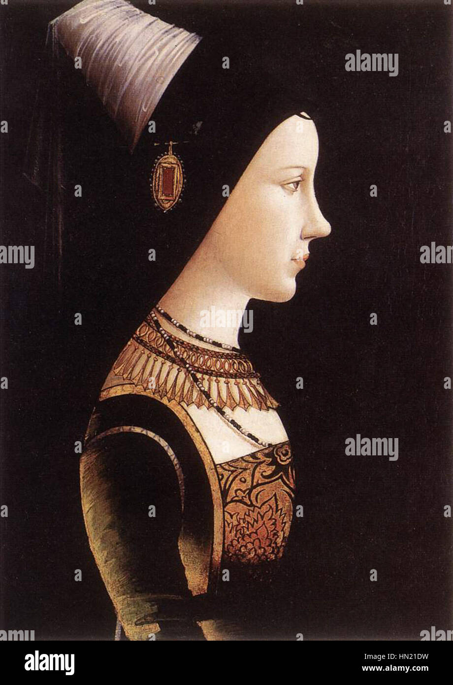 Cette pièce historique représente Marie de Bourgogne, figure importante du XVe siècle, représentée dans un style portrait traditionnel qui reflète son statut royal et la mode de l'époque. Banque D'Images