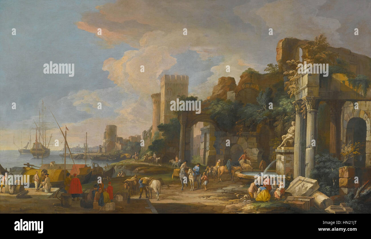 Luca Carlevarijs 'Capriccio View of a Mediterranean Port' est un paysage fictif combinant des éléments architecturaux avec des vues panoramiques sur un port méditerranéen. Le travail de Carlevarijs mêle réalisme et imagination, typique de la peinture vénitienne du XVIIIe siècle. Banque D'Images