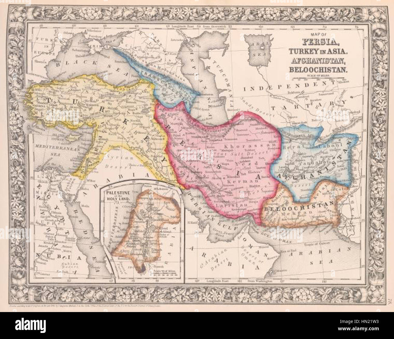Cette carte de 1863 illustre la Perse, la Turquie en Asie, l'Afghanistan, le Beloochistan et la Palestine. Il comprend des caractéristiques géographiques détaillées, mettant en évidence le paysage politique et culturel de la région au milieu du XIXe siècle. Banque D'Images