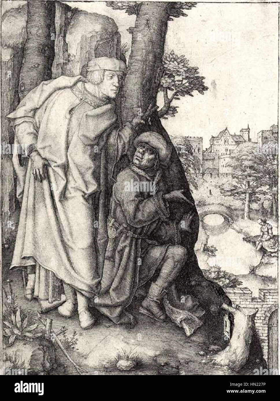 Susanna et les aînés de Lucas van Leyden dépeint l'histoire biblique de Susanna, qui est harcelée par deux aînés pendant qu'elle se baigne. L’artiste capture l’instant avec un niveau de détail et une habileté remarquables, mettant en évidence la tension émotionnelle et les thèmes moraux de l’histoire. L’œuvre démontre la maîtrise de Leyden de la gravure et de la narration multiples Banque D'Images