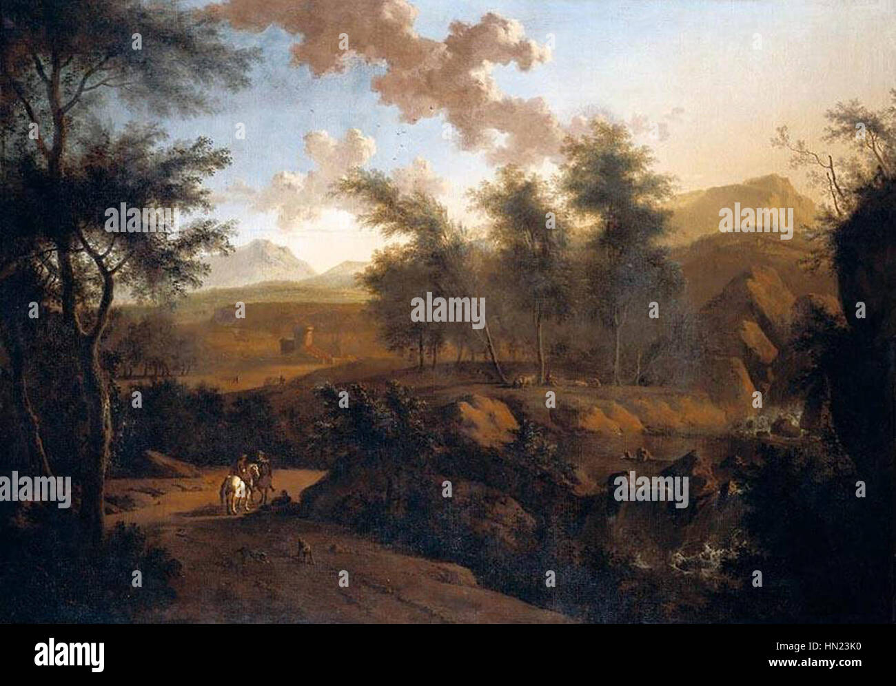 « Un vaste paysage italien » de Moucheron capture la beauté de la campagne italienne. La peinture met en valeur la capacité de Moucheron à créer de vastes paysages atmosphériques remplis de lumière du soleil et de feuillage riche. Banque D'Images