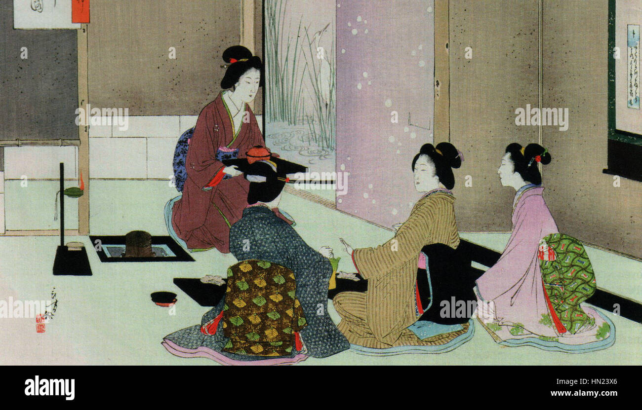 L'imprimé sur bois de Mizuno Toshikata, « Ceremonie », représente une cérémonie japonaise traditionnelle. L'œuvre illustre des personnages en tenue cérémonielle, mettant l'accent sur les pratiques culturelles de l'époque Meiji. L'utilisation par l'artiste de couleurs vives et de motifs complexes souligne l'importance de la cérémonie, tandis que le style reflète l'accent mis par Toshikata sur la documentation des coutumes japonaises pendant une période de transition et de modernisation au Japon. Banque D'Images