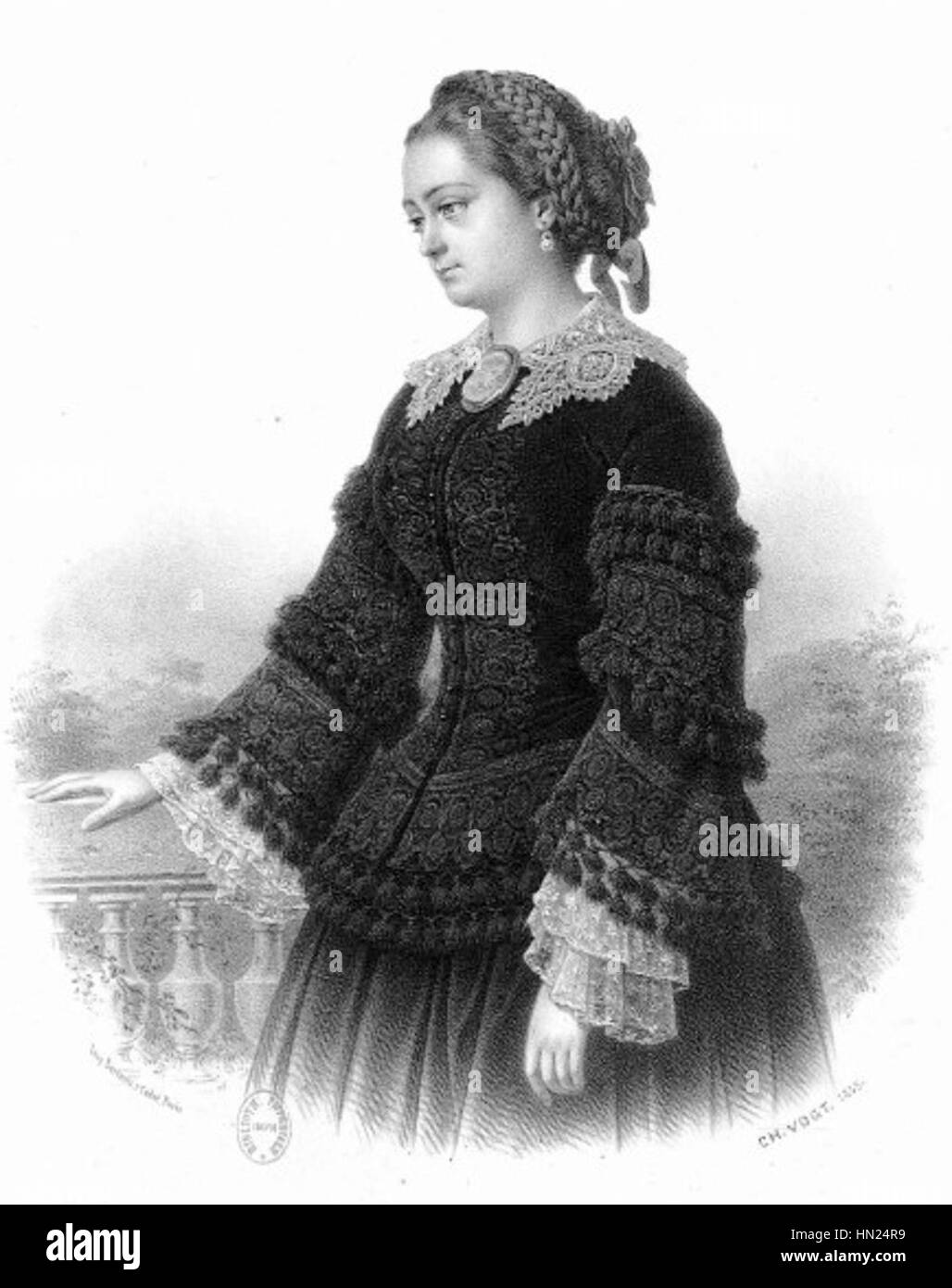 Ce portrait de Charles Vogt représente la chanteuse d'opéra française Marie Cabel. L’œuvre capture l’élégance raffinée de Cabel et son rôle prépondérant dans l’opéra français du XIXe siècle, soulignant son apaisement et ses prouesses vocales. Banque D'Images Ce portrait de Charles Vogt représente la chanteuse d'opéra française Marie Cabel. L’œuvre capture l’élégance raffinée de Cabel et son rôle prépondérant dans l’opéra français du XIXe siècle, soulignant son apaisement et ses prouesses vocales. Banque D'Images