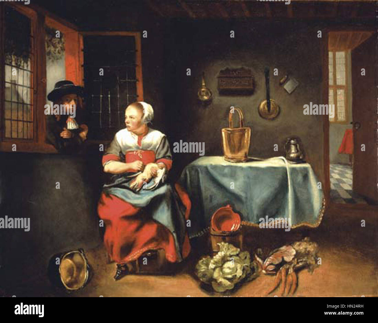 « Intérieur d'un Cottage » de Nicolaes Maes de 1655 représente une scène intérieure confortable et détaillée, avec des personnages engagés dans des activités domestiques. La peinture capture la vie quotidienne du XVIIe siècle, mettant en valeur l'accent mis par Maes sur le réalisme et les compositions intérieures. Banque D'Images