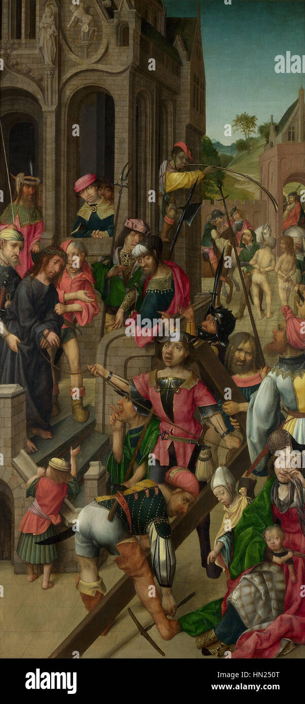 Le « Christ présenté au peuple » par le Maître de Delft est une puissante peinture religieuse de la Renaissance du Nord. Le panneau de gauche représente le Christ comme une figure de compassion et de sacrifice, correspondant au thème solennel de la passion. Banque D'Images