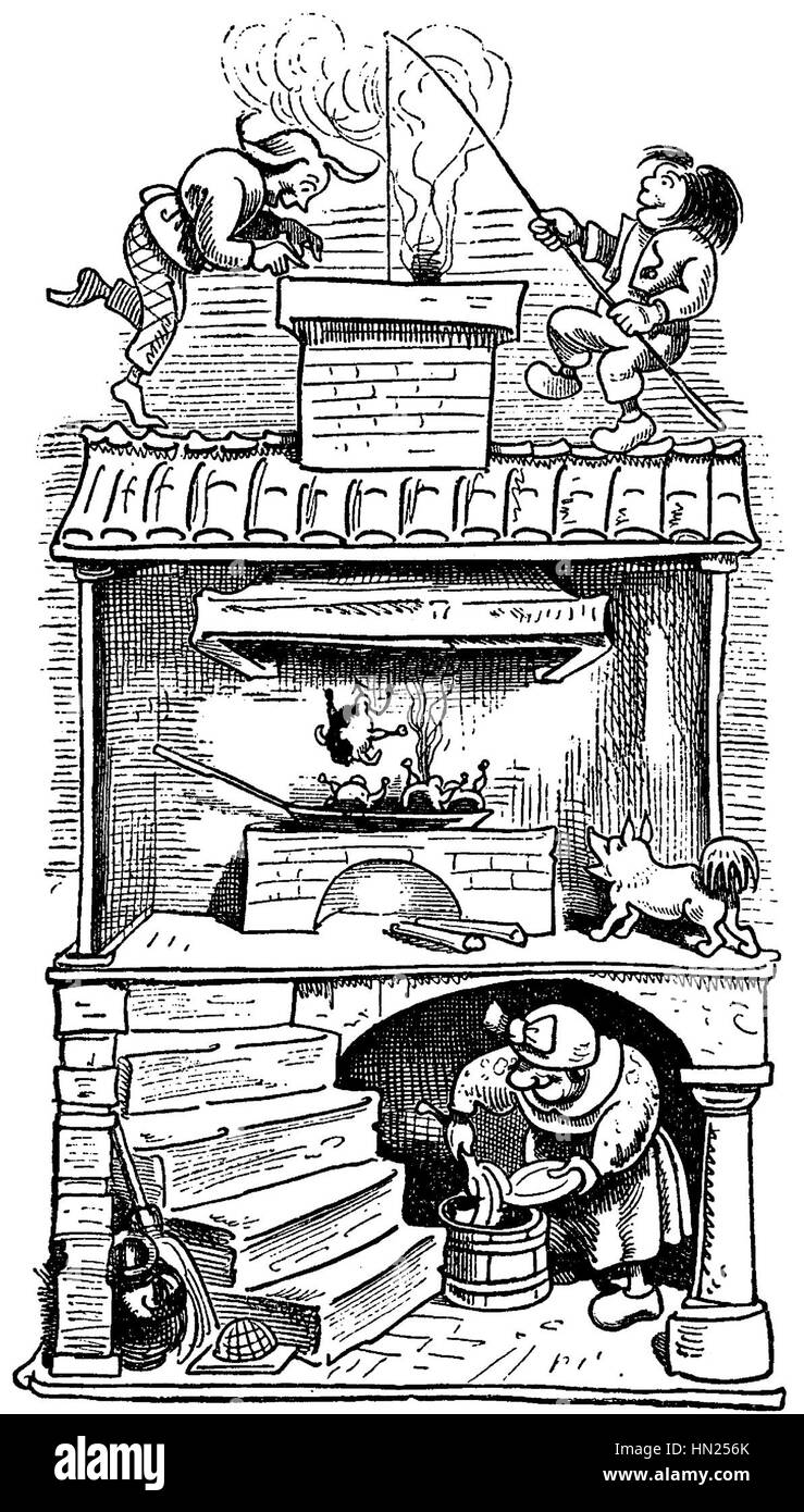 *Max und Moritz* de Wilhelm Busch est une histoire illustrée allemande classique sur deux garçons espiègles et leurs farces comiques. L'œuvre est un exemple notable de l'humour allemand et de la satire du XIXe siècle, rempli d'humour sombre et de commentaires sociaux. Banque D'Images