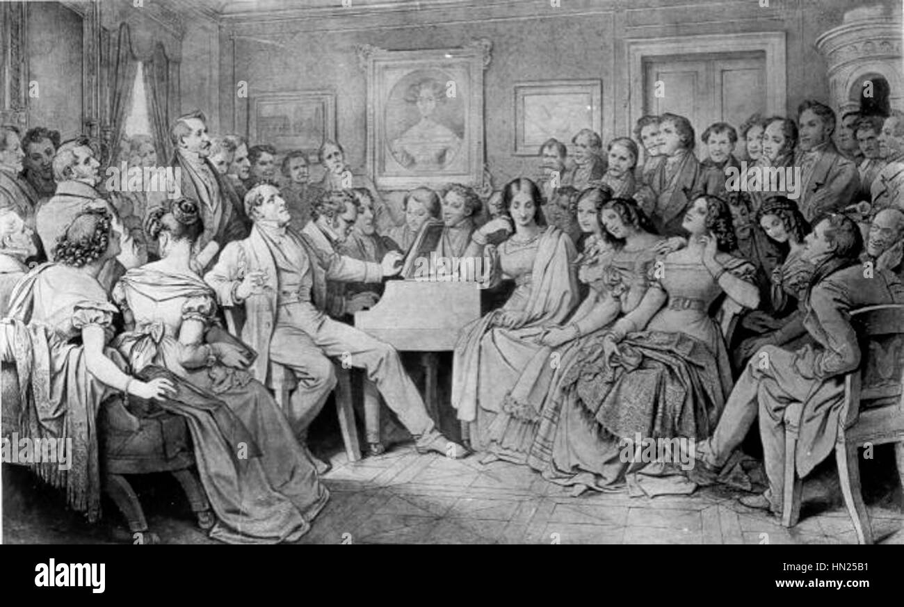 Schubertiade de Moritz von Schwind représente un rassemblement animé de musiciens et d'amis dans un cadre qui célèbre la vie et la musique de Franz Schubert. La peinture capte l’énergie et la chaleur de cet événement social et musical, typique du début du XIXe siècle, reflétant l’importance culturelle de la musique dans la vie sociale. Banque D'Images
