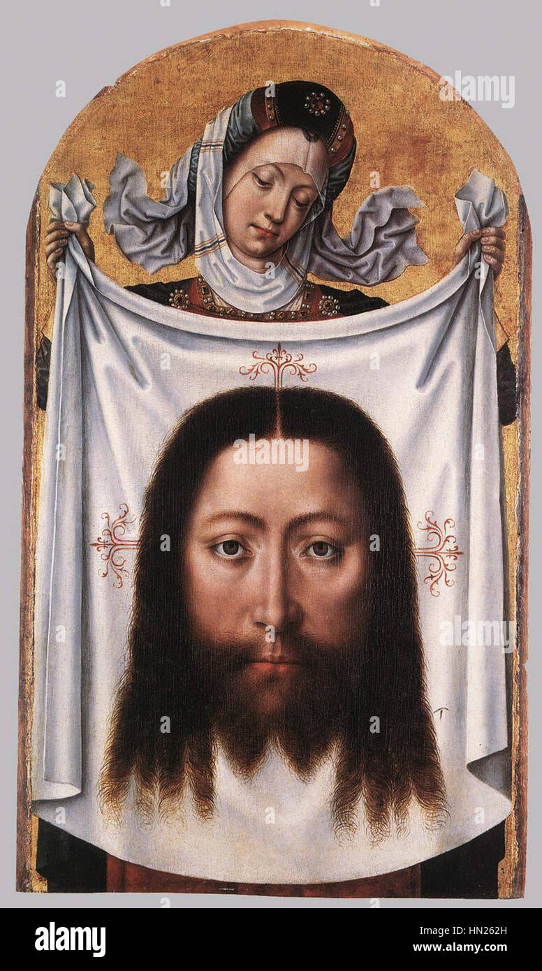 Le 'Master of the Legend of préparations Ursula' a créé une pièce mettant en vedette Veronica avec le Sudarium. La peinture montre Veronica tenant le tissu (sudarium) que Christ a utilisé pour essuyer son visage pendant sa passion. L’œuvre met l’accent sur la dévotion religieuse de Véronique et son rôle dans le récit passion, mettant en valeur les compétences de l’artiste en iconographie religieuse et en style gothique. Banque D'Images