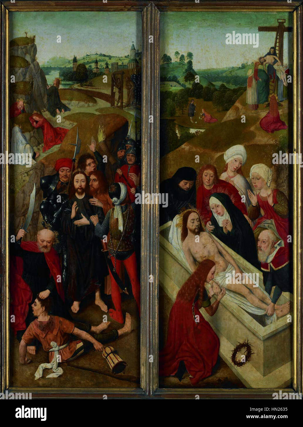 L'arrestation du Christ et la mise au rebut par le Maître du Diptyque Brunswick dépeint deux moments pivots de la passion du Christ. L’imagerie détaillée et la profondeur émotionnelle du diptyque capturent l’intensité de ces scènes bibliques, caractéristiques de l’art gothique au XVe siècle. Banque D'Images