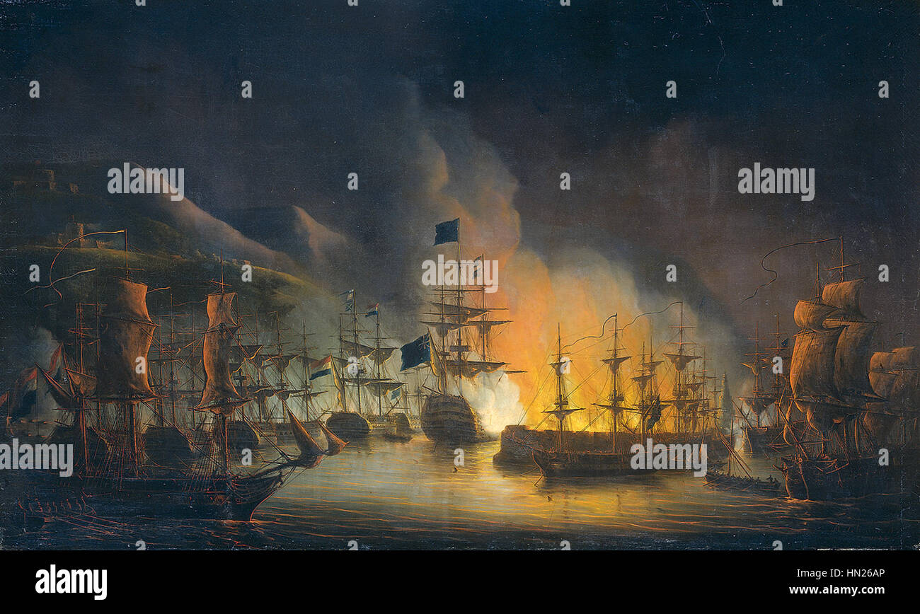 Het bombardement van Alger de Martinus Schouman représente une scène navale dramatique, illustrant le bombardement d'Alger par les Britanniques en 1816. La peinture capture l'intensité et la destruction de l'action militaire. Banque D'Images