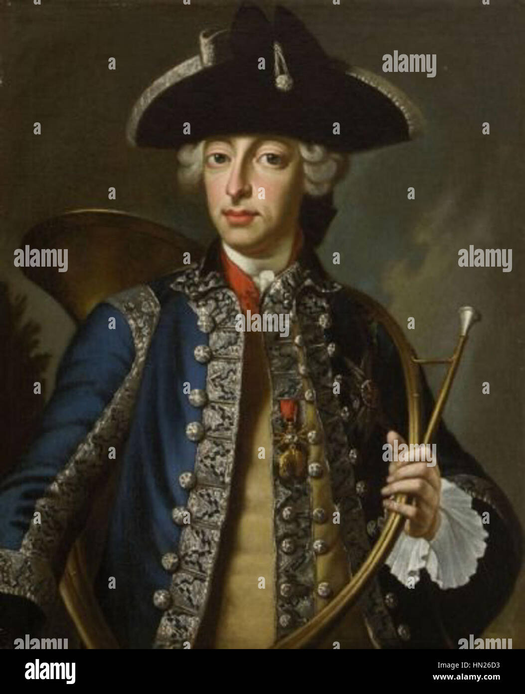 Maximilien III Joseph, Électeur de Bavière, en costume de chasse galant avec un cor de chasse, une peinture à l'huile sur toile du XVIIIe siècle par Franz Joseph Winter. Banque D'Images