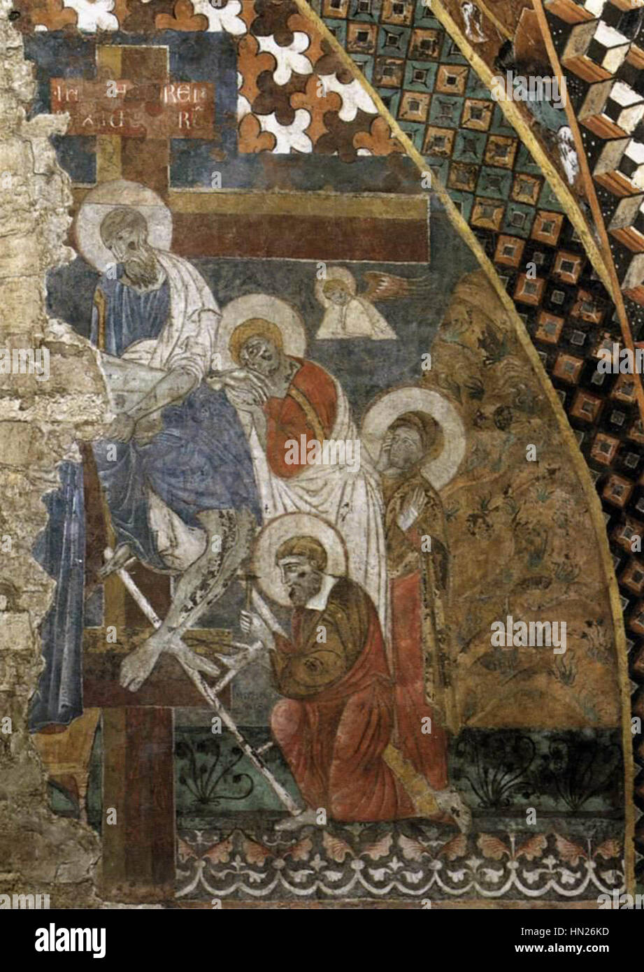 *La déposition du Christ de la Croix* par le Maître de la Société François représente un moment de la passion du Christ, montrant que Christ est descendu de la croix. L’accent mis par l’artiste sur l’émotion dramatique et le symbolisme religieux met en lumière le récit sacré de la mort du Christ. Banque D'Images