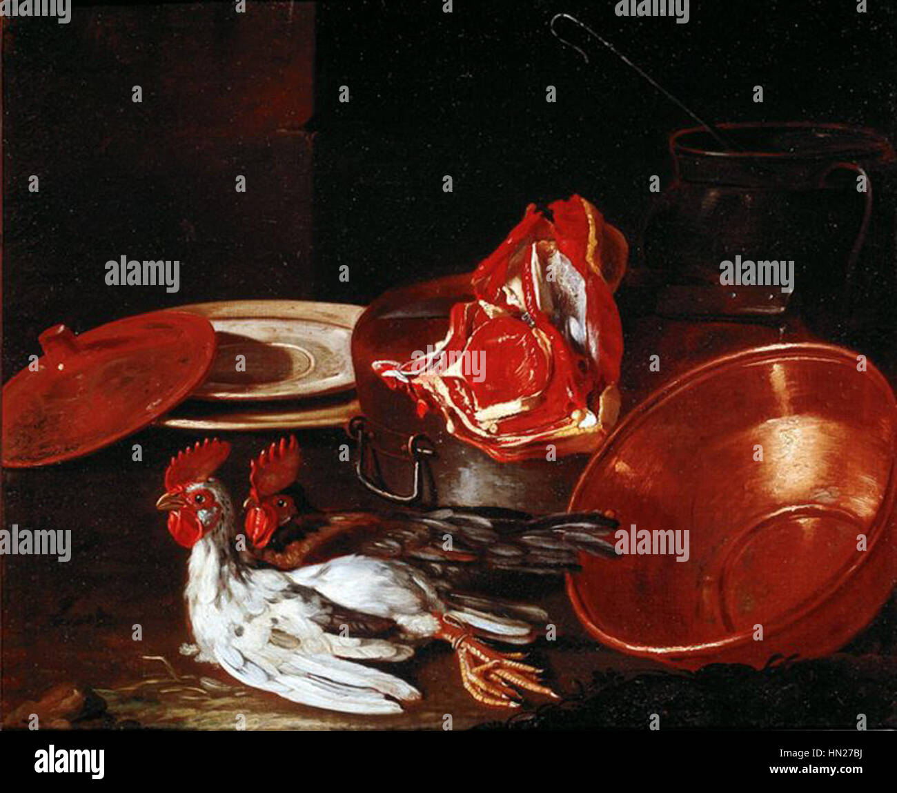 Cristoforo Munari, - Piatti, vasellame di coccio e di peltro, bistecca e galli Banque D'Images