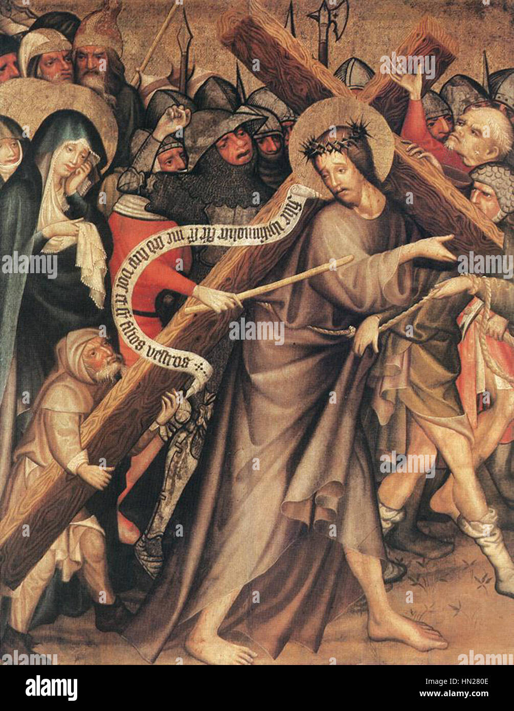 Une peinture religieuse de Maître Thomas de Coloswar représentant le Christ portant la croix, soulignant la souffrance et le sacrifice au cœur de la croyance chrétienne. Banque D'Images