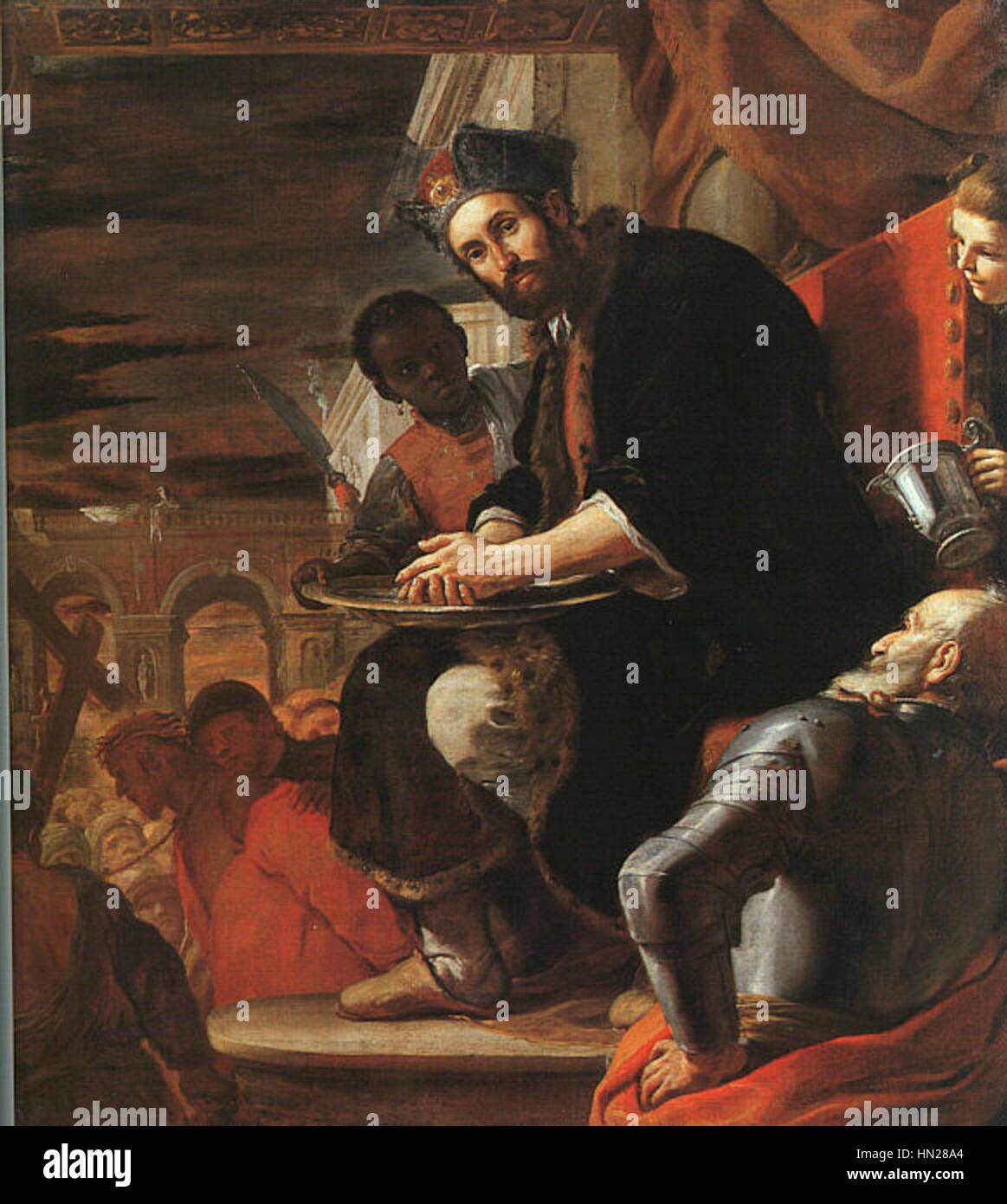 « Pilate se lavant les mains » de Mattia Preti représente la scène biblique où Ponce Pilate se lave symboliquement les mains, montrant son déni de responsabilité dans le procès de Jésus. La peinture met l'accent sur le conflit moral et l'éclairage dramatique. Banque D'Images