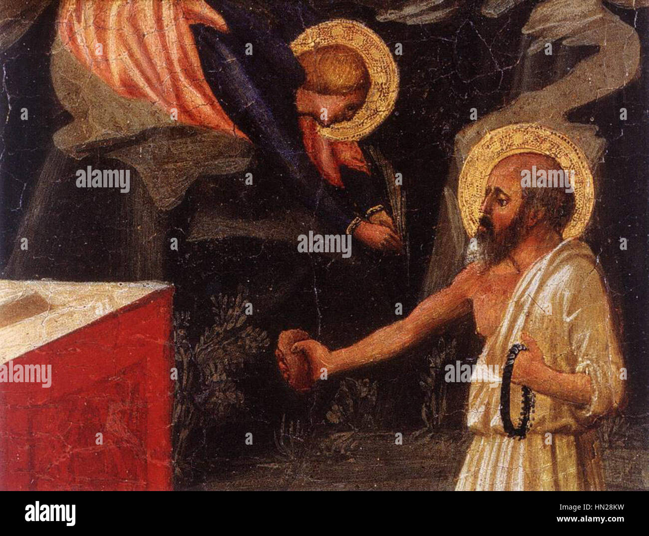 Le « Christ dans le jardin de Gethsémani » de Masaccio illustre le moment charnière avant l’arrestation du Christ, en mettant l’accent sur l’intensité émotionnelle. La peinture capture la solitude et l’angoisse du Christ, face à un paysage sombre et atmosphérique. Banque D'Images