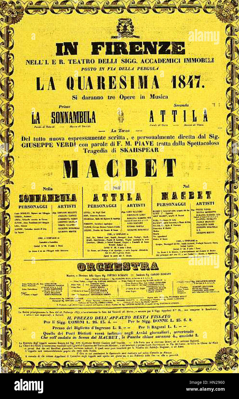 Une affiche pour Macbeth à Florence, 1847, annonçant une représentation de la pièce. Banque D'Images