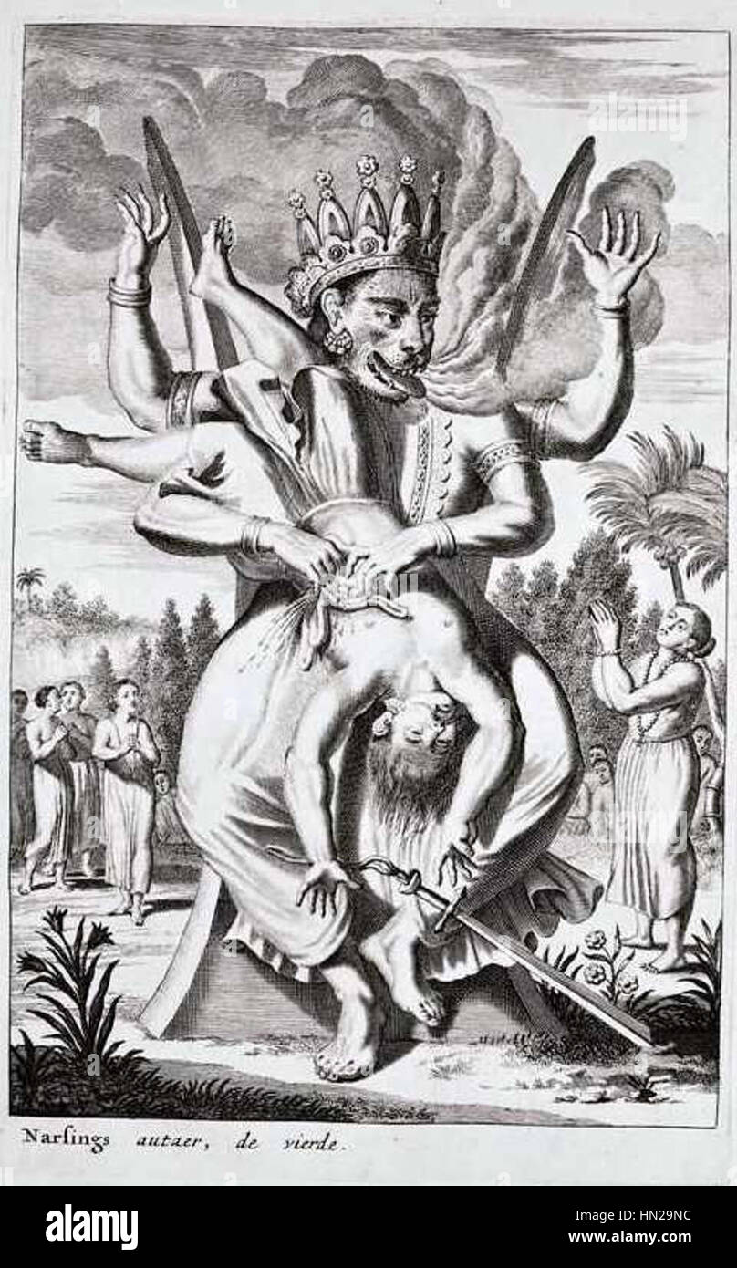 'Narasinga Avatara' est une représentation de l'une des dix incarnations du Dieu hindou Vishnu, en particulier la forme homme-lion connue sous le nom de Narasimha. Cet avatar est vénéré pour son rôle dans la protection des fidèles et la destruction du mal, représenté avec des images symboliques et dynamiques dans Hindu Banque D'Images
