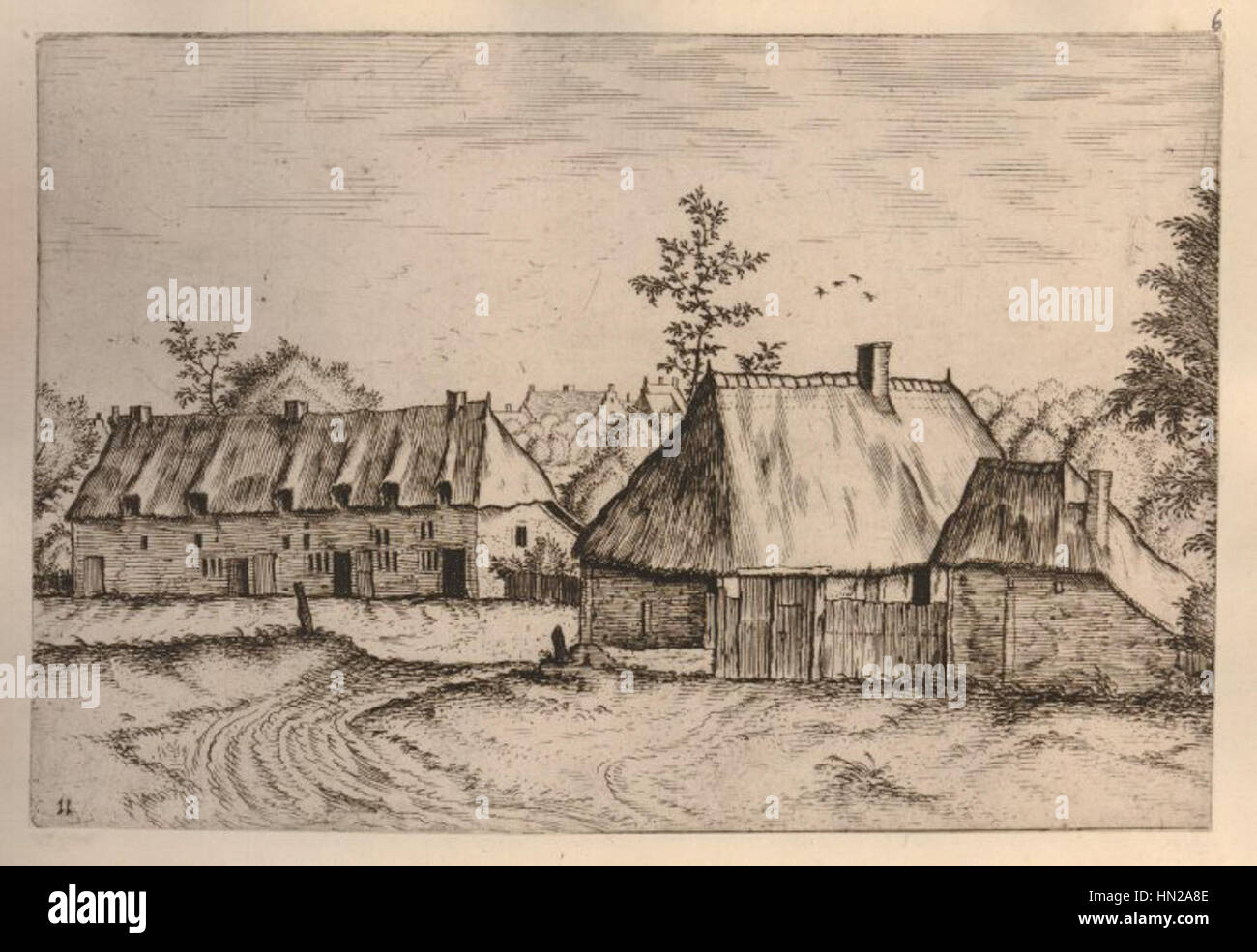 Maître de la petite Paysages - paysage avec vue d'un village ; une chaumière à droite, une rangée de maisons à gauche, en arrière-plan Banque D'Images