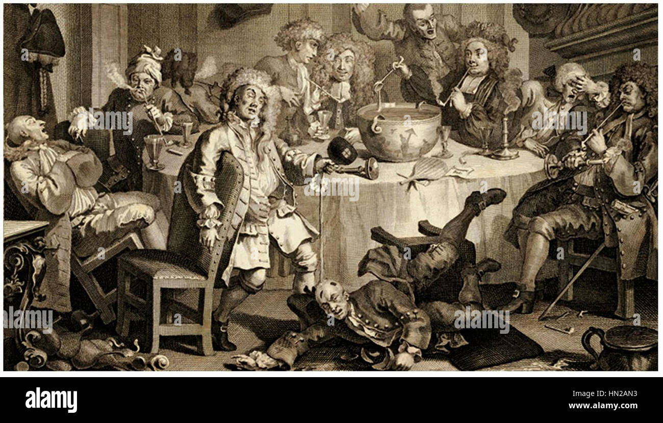 Conversation moderne de minuit, une gravure de Thomas Cook d'après une peinture originale de 1745 de William Hogarth, un artiste et satiriste anglais. Banque D'Images