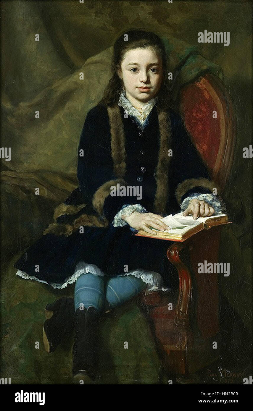 'Portret de Mademoiselle L. C.' (Portrait de Mademoiselle L. C.) de Merwart, peint en 1879, est un portrait délicat d'une jeune femme, soulignant son élégance et sa grâce. La pièce reflète la mode et les normes sociales de la fin du 19e siècle, capturant la personnalité du sitter avec des détails fins. Banque D'Images