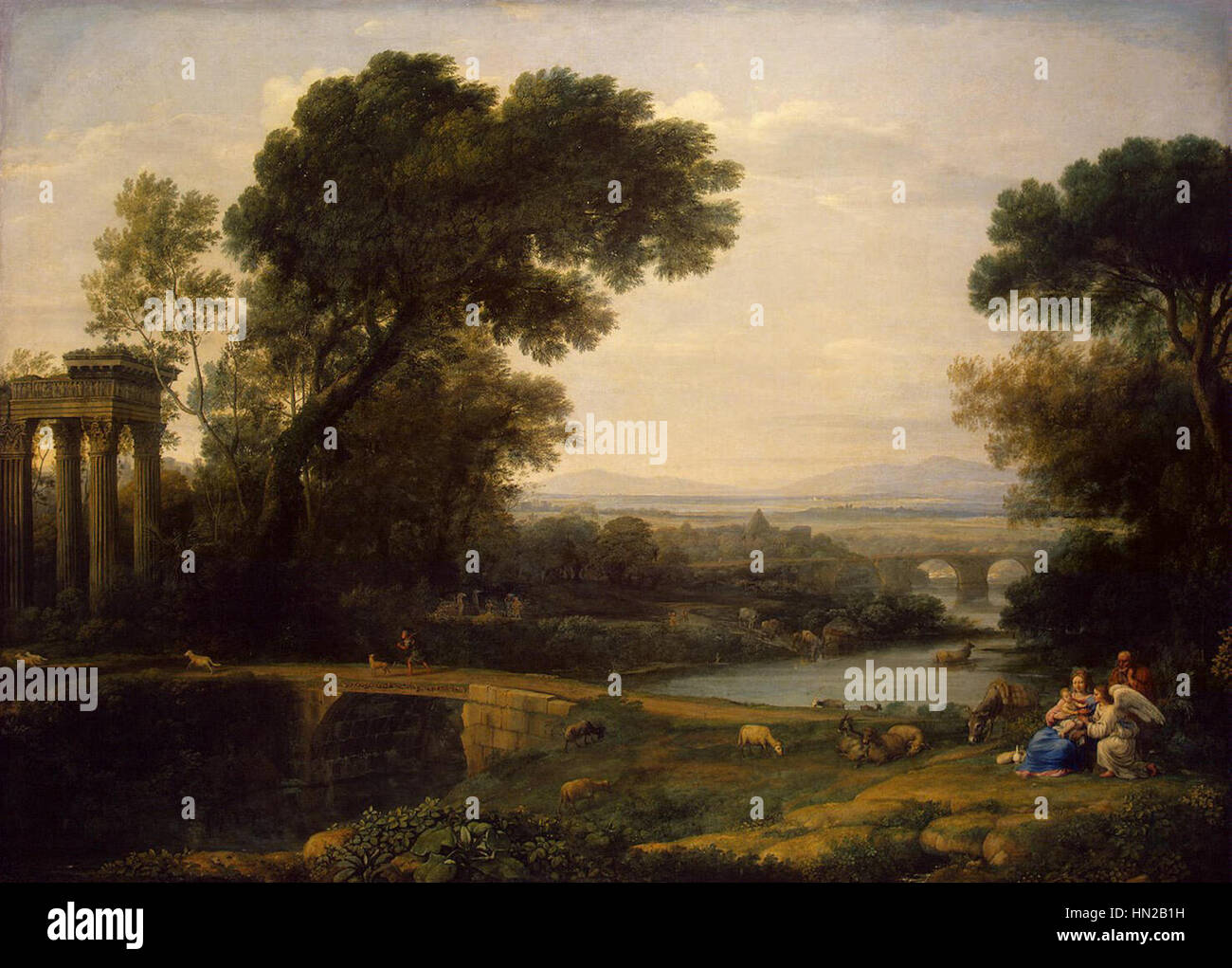 « Paysage avec le reste sur la fuite en Egypte » de Claude Lorrain combine récit biblique avec un paysage serein. Le tableau représente la Sainte famille se reposant pendant leur voyage, dans un cadre naturel tranquille et idéalisé. Banque D'Images