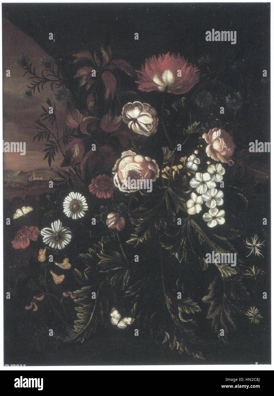 'Bloemen in Landschap' (fleurs dans le paysage) de Maria Withoos présente une nature morte de fleurs vibrantes dans un paysage naturel détaillé. La composition met en évidence l'expertise de Withoos dans l'illustration botanique et sa capacité à fusionner la nature avec l'art, caractéristique de la peinture florale néerlandaise du XVIIe siècle. Banque D'Images