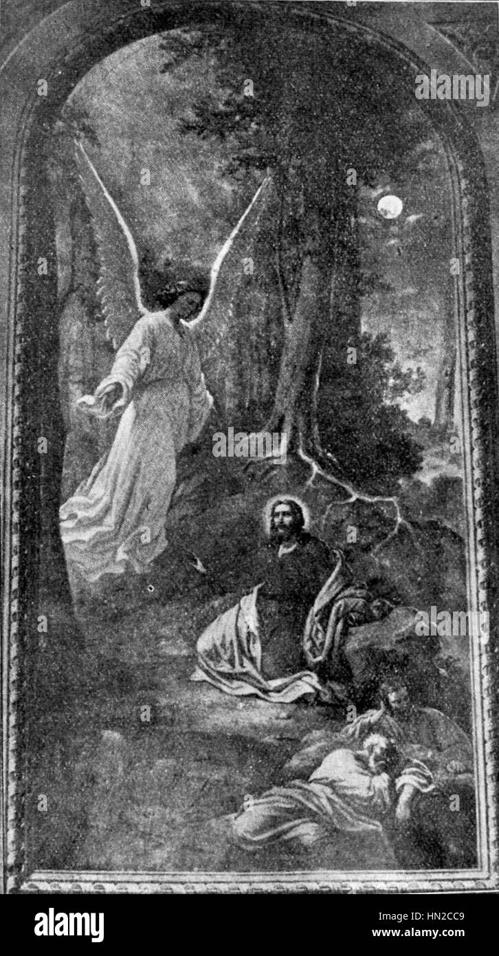 'Isus pe muntele maslinilor' (Jésus sur le Mont des oliviers) de Misu Popp dépeint un moment religieux poignant. La peinture représente Jésus dans un moment de solitude et de prière avant sa crucifixion, un événement clé de la théologie chrétienne. Banque D'Images