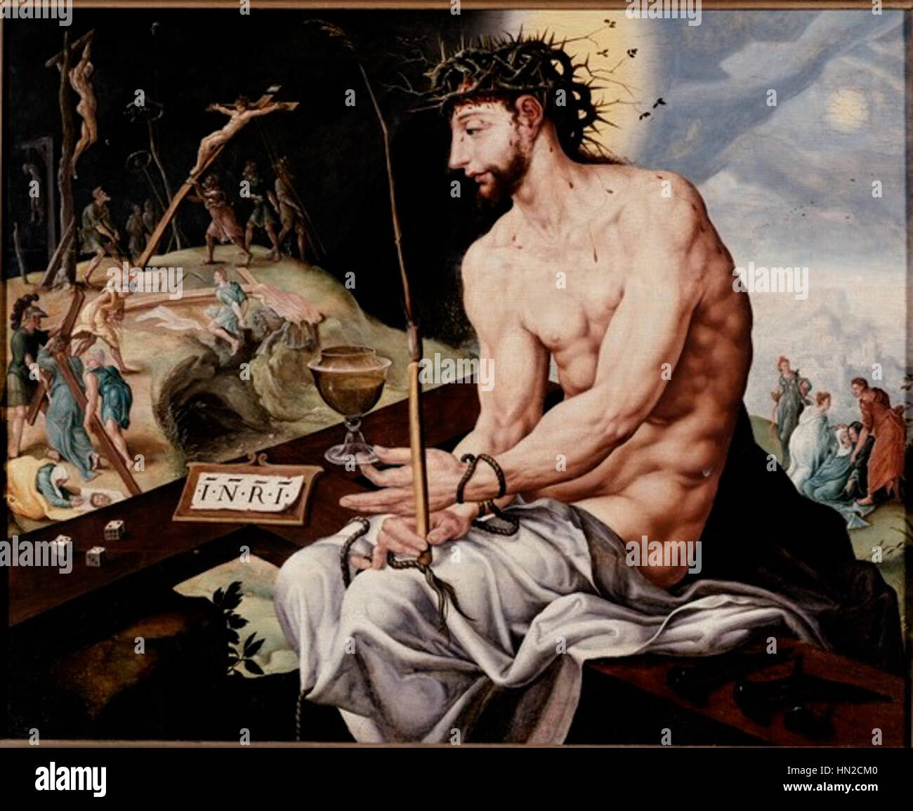*Jesus op de koude steen* de Maarten van Heemskerck dépeint un moment poignant dans la passion du Christ, en se concentrant sur la souffrance de Jésus. L’œuvre met l’accent sur l’intensité émotionnelle de la scène, avec le Christ posé sur une pierre froide, évoquant les thèmes du sacrifice et de la rédemption. Banque D'Images