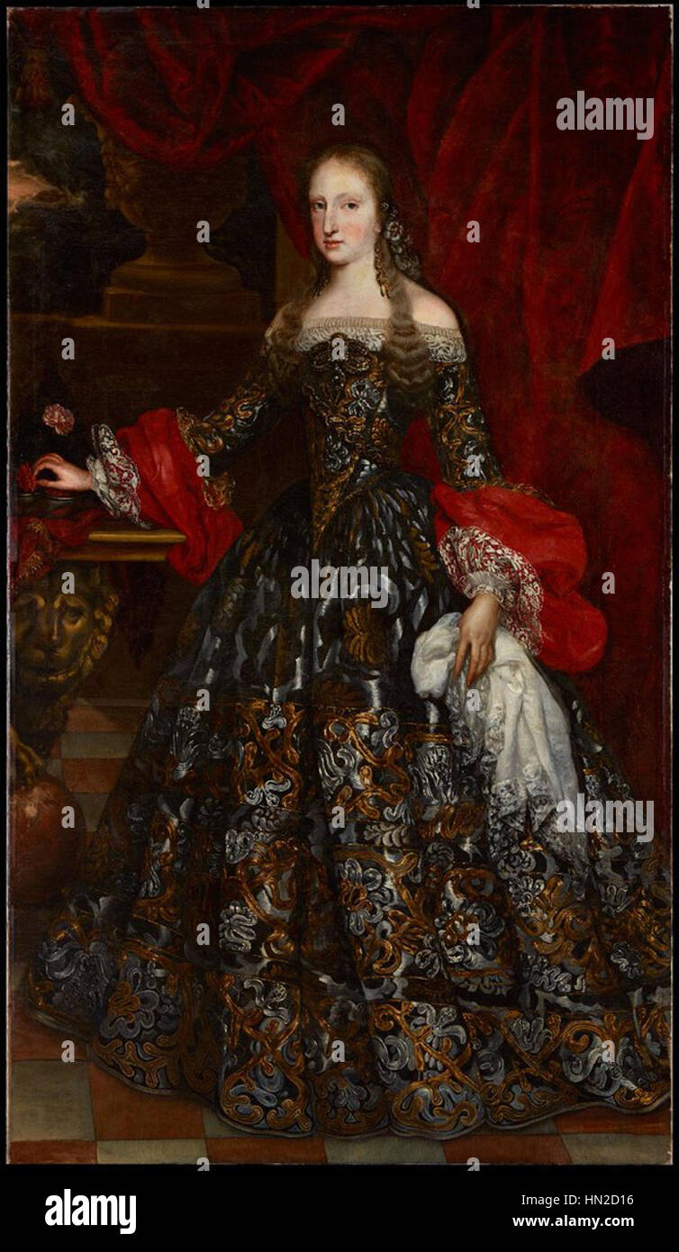 Mariana de Neoburgo, reine d'Espagne, a été représentée en tenue royale dans ce portrait du XVIIe siècle. La peinture illustre la grandeur du portrait royal espagnol, capturant son statut royal et la mode détaillée de l'époque. Banque D'Images Mariana de Neoburgo, reine d'Espagne, a été représentée en tenue royale dans ce portrait du XVIIe siècle. La peinture illustre la grandeur du portrait royal espagnol, capturant son statut royal et la mode détaillée de l'époque. Banque D'Images