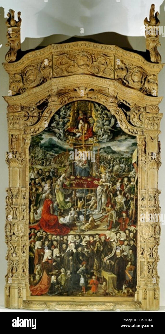La 'Madone à la Trinité' du Maître d'Amiens présente une scène religieuse avec la Vierge Marie, le Christ et la Sainte Trinité, entourée de nombreuses figures bibliques et donateurs. L'œuvre reflète le style détaillé et décoratif de la peinture gothique, commune au XIVe siècle. Banque D'Images
